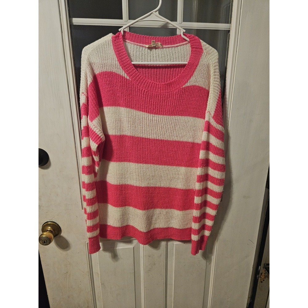 Entro Size Small Crew Neck Sweater Striped Knit Bright Pink Pull Over